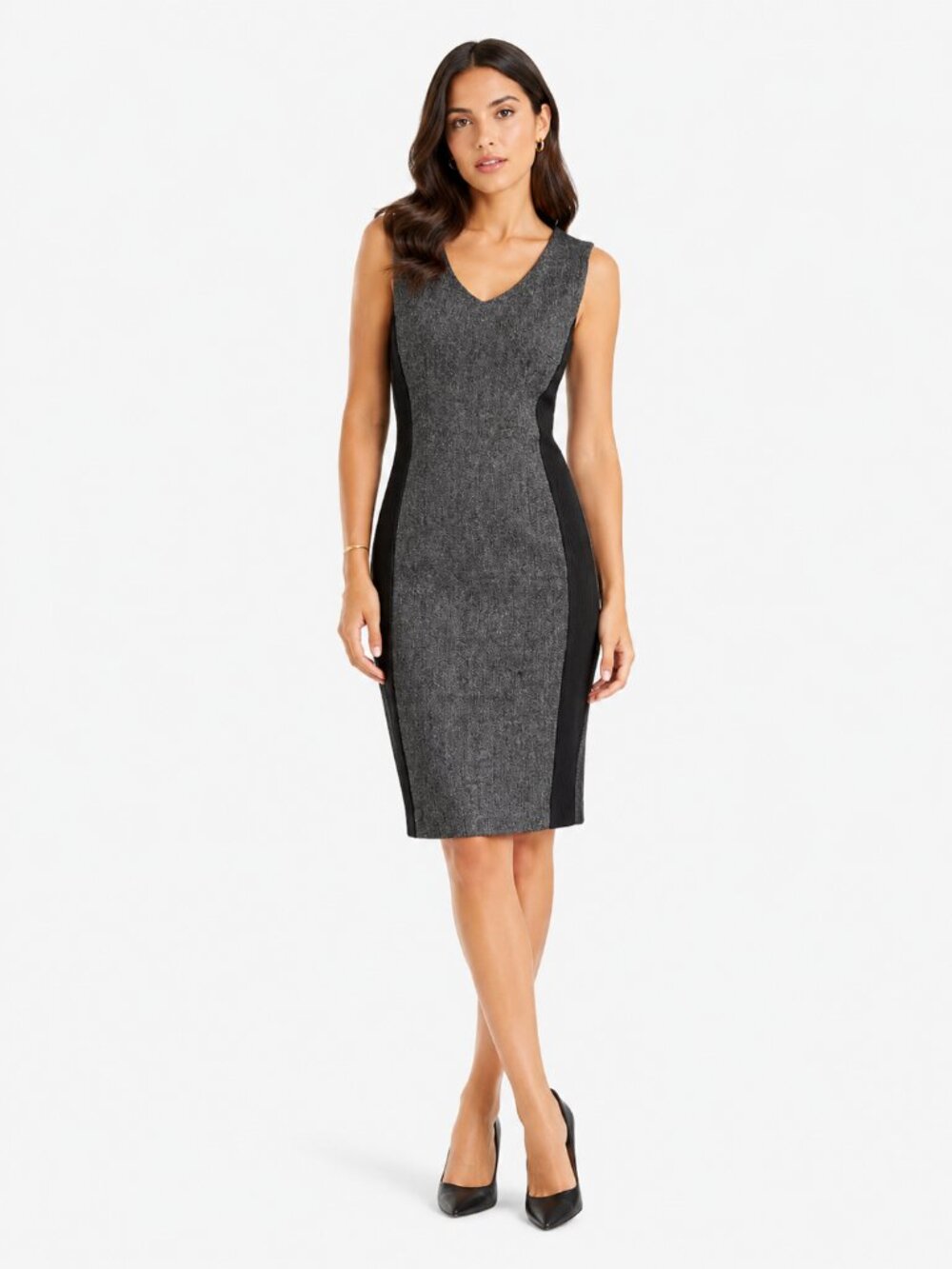 IRIS SETLAKWE WOOL LINEN BLEND GREY CHEVRON BLACK RIBBED INSERTION FORMAL DRESS